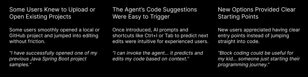 Research insights: some users knew how to upload or open existing projects; the agent’s code suggestions were easy to trigger; and new options provided clear starting points for beginners
