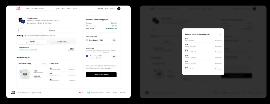 Selling on SeatGeek pricing flow with Manual pricing and Recent sales